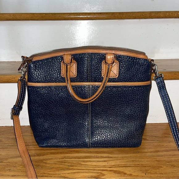 Brighton // archer domed satchel navy blue & tan pebble leather shoulder purse - Picture 5 of 9